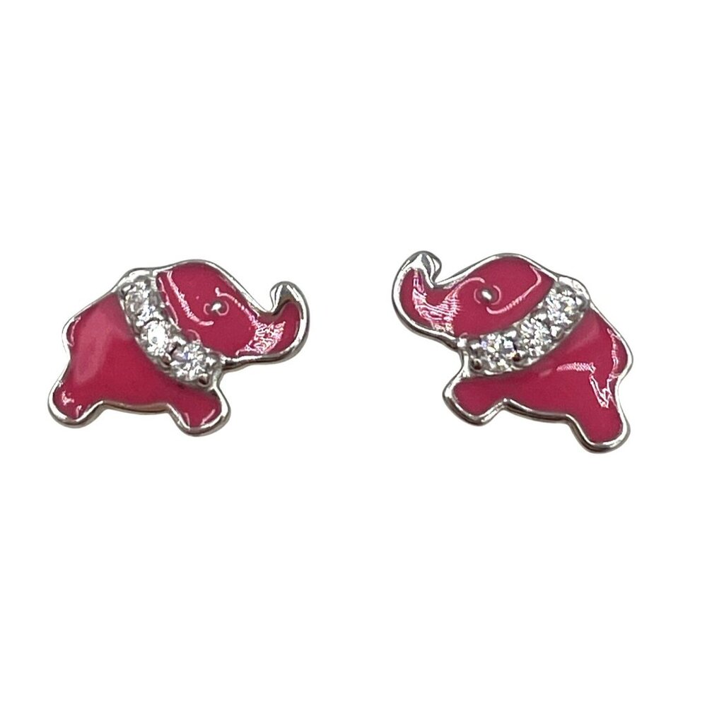 Pink Silver Elephant Stud Earrings Rhinestone Detail Enamel 925
